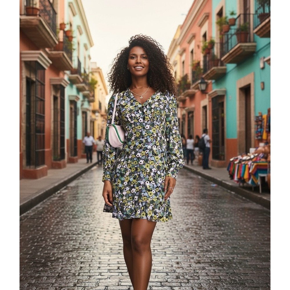 Nobodys Child Tash Mini Dress Floral Green Blue Long Sleeve NWT US Size 8 Chic